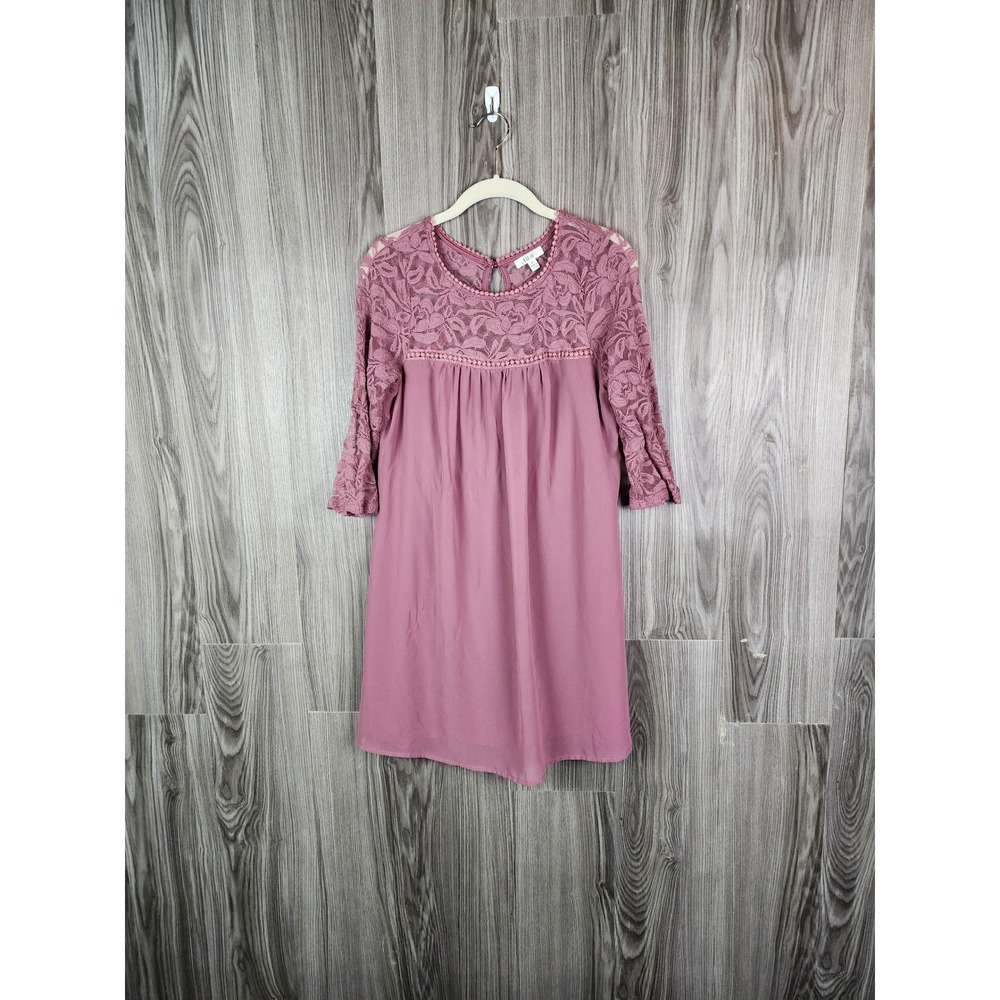 AUW Women Mauve Lace Yoke Shift Dress 3/4 Sleeve‎ Pom Pom Trim Medium